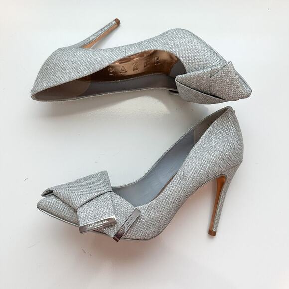 Ted Baker Silver Glitter Metallic Bow Detail Pointed Toe Linesm Pumps Size 38.5 - Picture 7 of 11